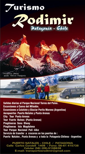 Rodolfo D&igrave;az Miranda Turismo en Chile en Torres del Paine |  TRANSPORTE TERRESTRE  DE PASAJEROS  EN CHILE TRANSFER RODIMIR, TORRES DEL PAINE CUEVA  DEL MILOD�N  PERITO MORENO LAGO PEHOE  PATAGONIA